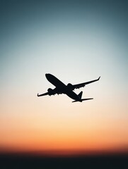 Fototapeta premium A stunning silhouette of an airplane glides gracefully through a vibrant sunset sky, embodying the thrill of travel and the spirit of adventure as it soars above the horizon