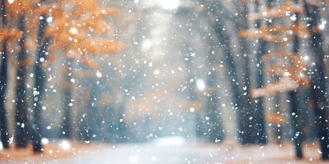 Winter wonderland in a blurred public park with falling snowflakes, soft white snow amidst autumn orange leaves and a serene pathway.