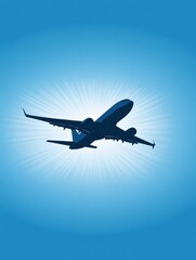 Obraz premium A stunning silhouette of an airplane gracefully gliding through the vibrant blue sky at sunset, evoking a sense of tranquility and the thrill of adventure in travel and exploration