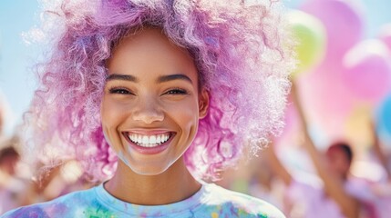 Fototapeta premium Radiant Smile, Lavender Hair: A young woman with vibrant lavender curls beams radiantly, her joyful expression set against a blurred background of a colorful festival.