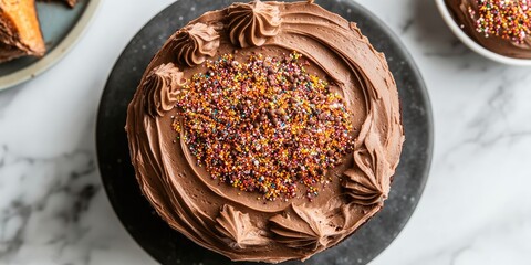 Chocolate frosted carrot cake adorned with colorful brigadeiro sprinkles on a dark slate platter with marble texture background.