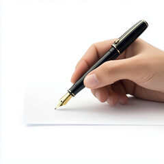 Hand holding a pen signing a document isolated on white