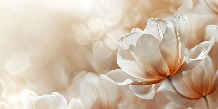 Soft beige and white floral background featuring delicate tulip petals on the left with ample copyspace for text creating a serene festive atmosphere.
