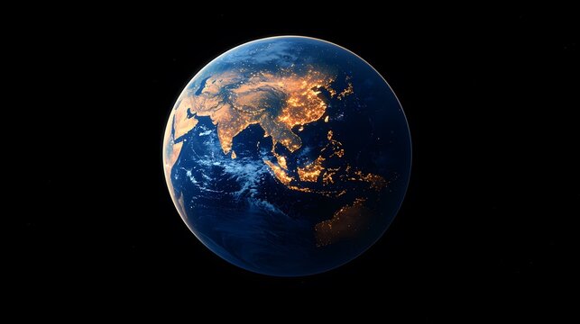 The image shows a nighttime view of Earth from space, centered on Asia.  The glowing lights of cities and towns are visible against the dark oceans and landmasses.