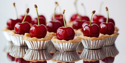 Cherry tartlets with shiny silver cups topped with vibrant red cherries arranged neatly on a reflective surface creating a glossy effect