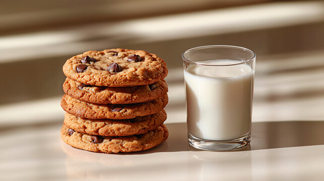 A vertical row of chocolate chip cookies and a glass of milk on a table.  - Powered by Adobe