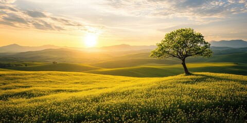Obraz premium Vibrant farmland landscape showcasing a solitary tree on a rolling green hill under a warm golden sunset with a clear blue sky in the background.