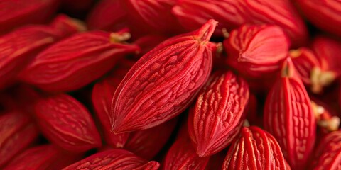 Fototapeta premium Vibrant red seeds of Momordica charantia arranged closely, showcasing intricate textures and patterns, set against a soft neutral background.