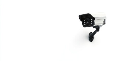 CCTV camera mounted on a black wall with a crisp white background featuring ample blank space on the left for text or graphics