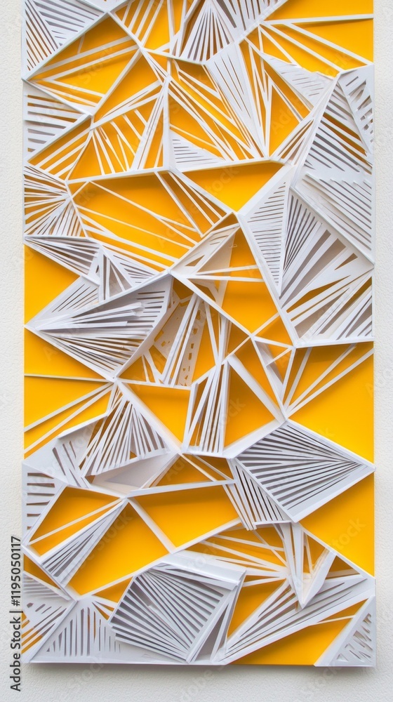 Poster Layered triangular paper shapes with striking white lines form a captivating design against a bright yellow backdrop, showcasing creativity and artistry in stunning detail