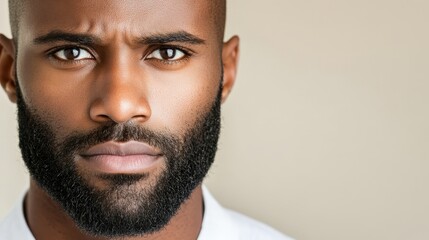 Obraz premium Intense Gaze: Close-up portrait of a serious man with a well-groomed beard, conveying intensity and contemplation. His dark eyes and furrowed brow speak volumes.