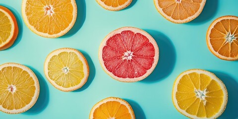 Obraz premium Bright colorful citrus fruit slices including grapefruit orange and lemon arranged on a pastel turquoise background with sunlight reflections