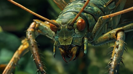 Detailed close-up of a green insect with orange eyes and spiky legs on a blurred background