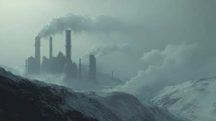Fototapeta premium Industrial fumes rise into the atmosphere, contributing to the environmental pollution that accelerates global warming and climate change.