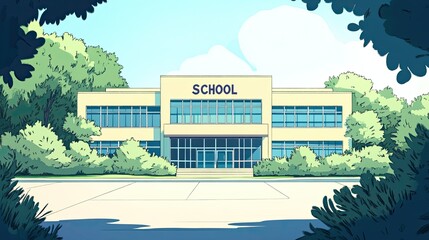 Contemporary School Building: Main Entrance and Front Courtyard.