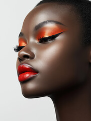 Bold makeup look with orange eyeshadow and red lips