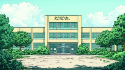 Naklejka premium Contemporary School Building: Main Entrance and Front Courtyard.