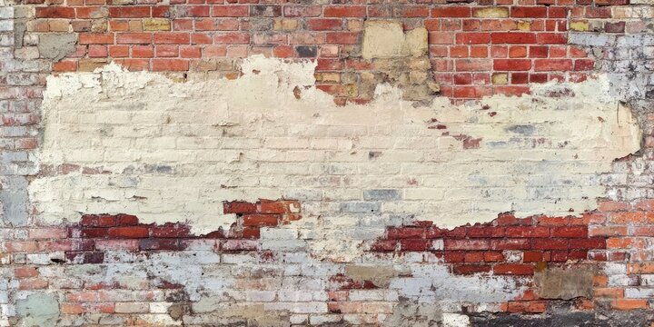 Fototapeta Textured brick wall backdrop featuring red, gray, and white bricks with peeling paint in a horizontal layout creating a rustic atmosphere.