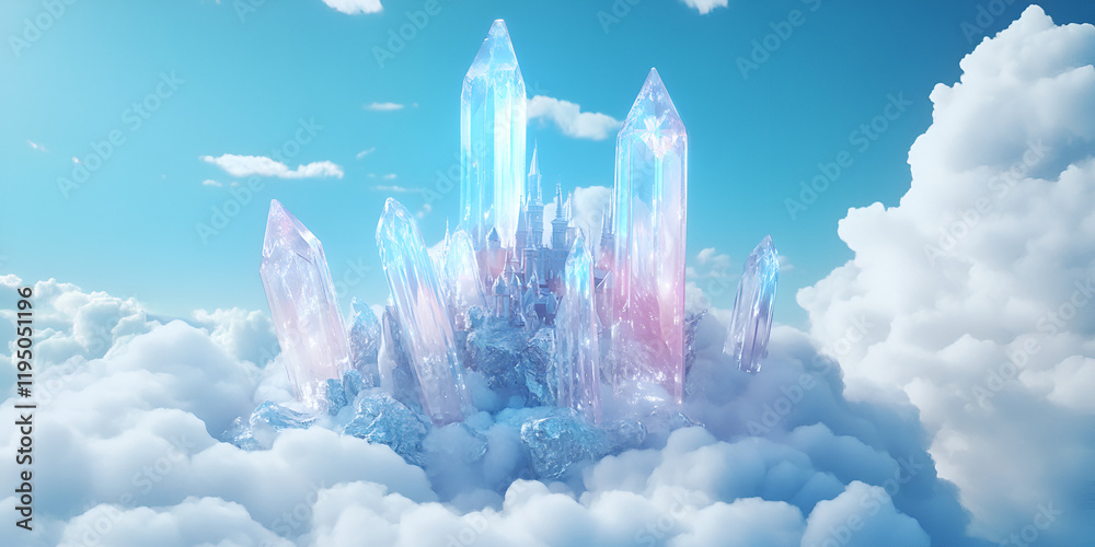 Sticker Crystal Peaks Above the Clouds:  A breathtaking image of towering, iridescent crystal formations pierce through a serene canvas of fluffy clouds, bathed in ethereal light.