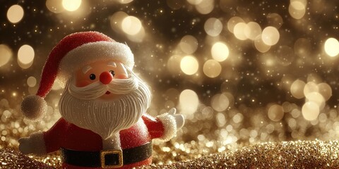 Cheerful Santa Claus toy in red and white with a shimmering gold bokeh backdrop; festive holiday concept with ample space for text.