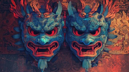 Intricate, colorful masks with fierce expressions, showcasing vibrant blue and red tones, set against an ornate background for a bold visual.