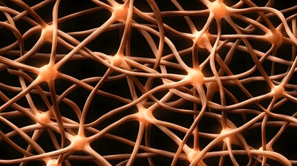 The image shows a complex network of interconnected neurons, their branching dendrites and glowing synapses creating a intricate web against a dark background.