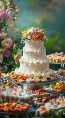 Elegant white wedding cake with floral decorations displayed on a dessert table surrounded by colorful treats. 