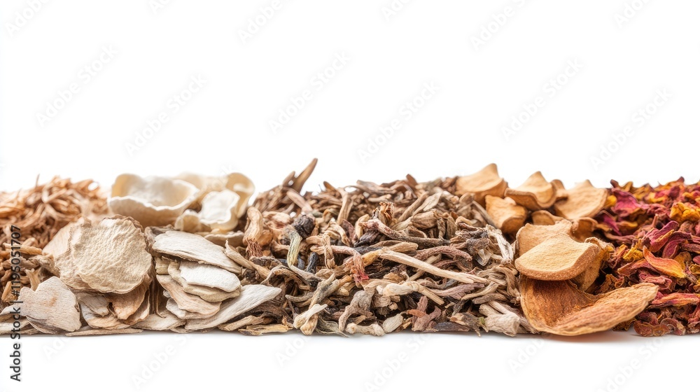 Poster isolated dried chinese herbs captured in a macro shot against a white backdrop, focusing on the intr