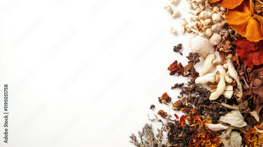 Poster isolated dried chinese herbs captured in a macro shot against a white backdrop, focusing on the intr