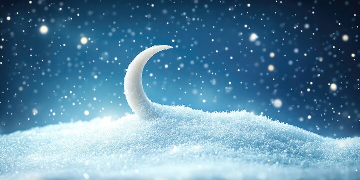 Serene winter scene with soft blue snow and a delicate crescent moon illuminated by falling snowflakes creating a tranquil festive atmosphere - Powered by Adobe
