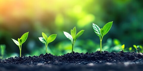 Young green plants growing in a row against a blurred natural background, showcasing stages of growth in vibrant shades of green and brown soil.