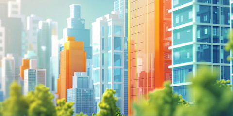 Stylized Cityscape with High-Rise Buildings and Foliage