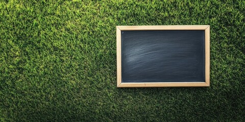 Chalkboard with a wooden frame positioned on vibrant green grass in a natural outdoor setting creating a rustic learning environment
