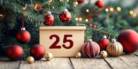 Christmas calendar with the number 25 in bold red on a wooden background surrounded by red and gold ornaments and evergreen branches.
