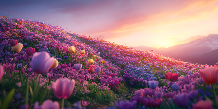scenic view of hillside covered in vibrant tulips during colorful sunset, with serene mountain backdrop and soft light enhancing beauty of blooming flowers