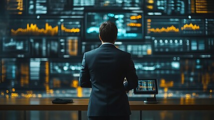 Businessman reviewing data on large screen. (2)