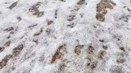 Close-up of frothy sea foam and rocks, illustrating natural oceanic textures and marine pollution awareness