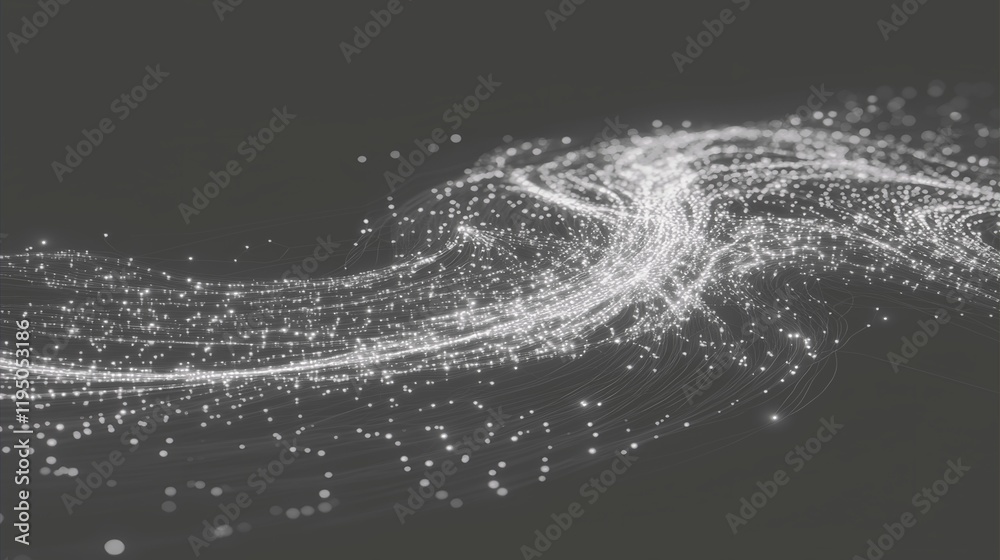 Poster dynamic abstract flow of light particles creating a sense of motion and energy in a dark background 