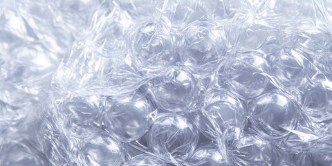 Transparent bubble wrap texture close-up featuring shiny, round air-filled bubbles in a stacked arrangement against a light background.