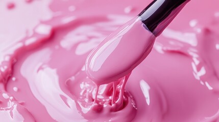 Pastel pink nail polish being poured from a brush into a bottle, showcasing the glossy, smooth texture and soft shimmer in a detailed, close-up shot.