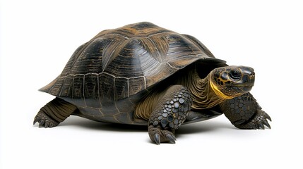 Obraz premium A dark-shelled tortoise on white background.