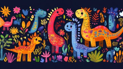 Colorful Cartoon Dinosaurs in a Playful Pattern with Plants