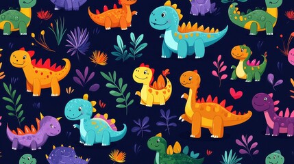 Colorful Cartoon Dinosaurs Surrounded by Flowers and Plants