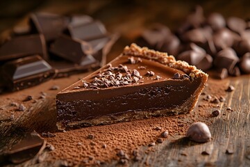 Indulgent chocolate tart slice on a wooden surface with chocolate pieces in the background