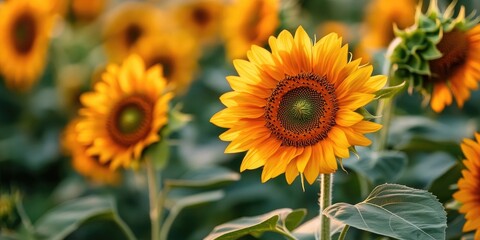 Fototapeta premium Vivid sunflowers in a lush green field with bright yellow petals and dark centers contrasting against a soft blurred background.