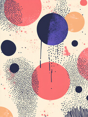 Abstract Circles Pattern: A vibrant and textured abstract art print featuring overlapping circles in shades of coral, navy, and gold, set against a warm off-white background.