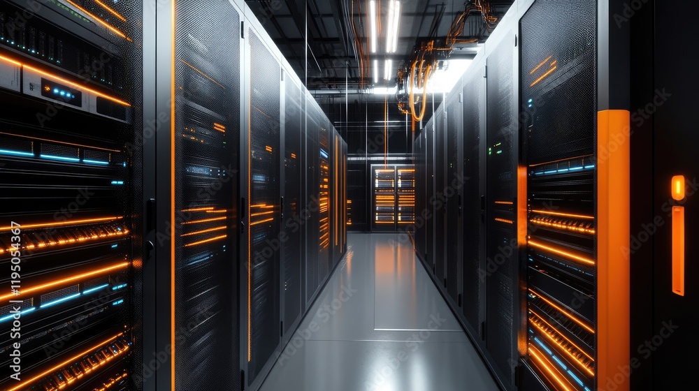 Poster Rows of servers and bright orange cables in a high-tech server room, showcasing the complex data storage and processing network of a modern technological environment.