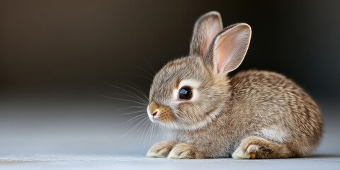 Obraz premium Newborn rabbit with soft brown fur and large expressive eyes sitting on a neutral grey background in a cute and playful pose perfect for Easter themes