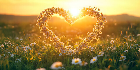 Fototapeta premium heart shaped arrangement of wildflowers glows in golden sunlight of serene meadow, evoking warmth and love in natural setting