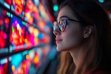 Woman gazing at vibrant digital display.